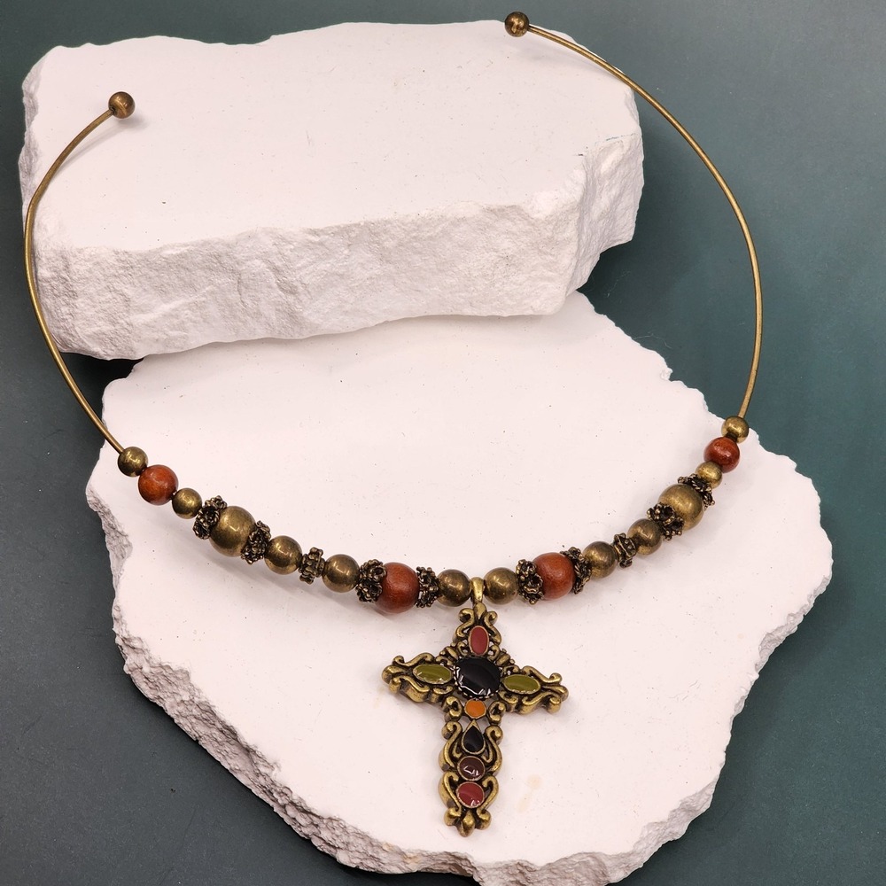 Vintage Style Antique Gold Tone Cross Pendant Collar Necklace Wood Beads Enamel